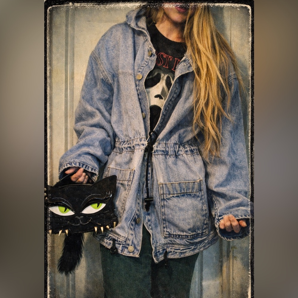 Vintage Corniche Hooded Denim Jean Jacket Drawstring Waist Utility Oversized M